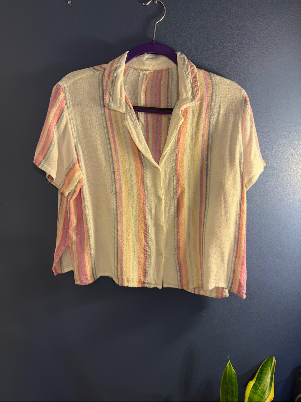 En Creme Pastel Multi-Stripe Short Sleeve Button Front Top Medium